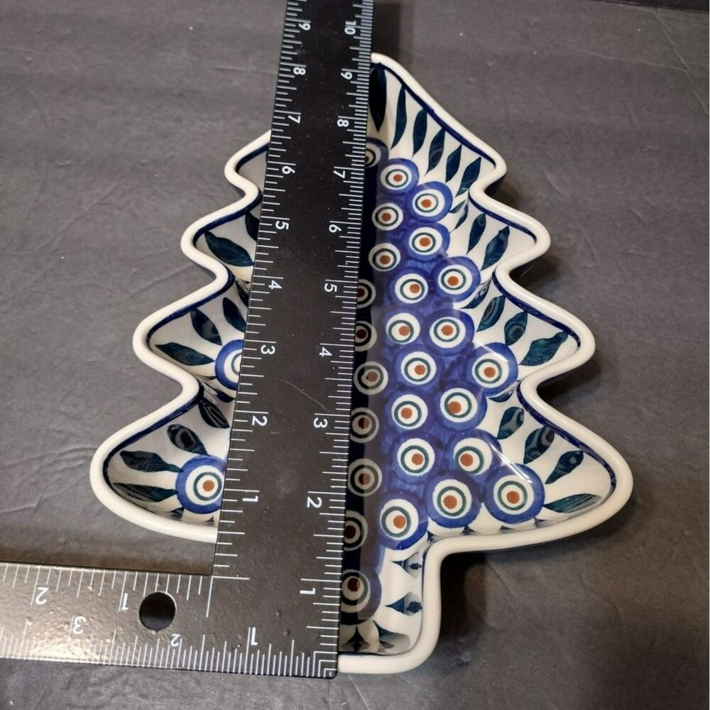 Polish Pottery Manufaktura Boleslawcu Christmas Tree Dish 9.5" Blue Snowflakes - Picture 6 of 9